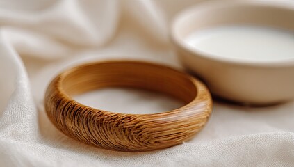 Close-up of a wooden bangle bracelet on a soft cream-colored fabric, with a shallow bowl of milk in the background.  The bracelet shows wood grain