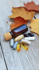 Assorted Capsules Liquid Bottle and Autumn Leaves on Wooden Surface Supplements