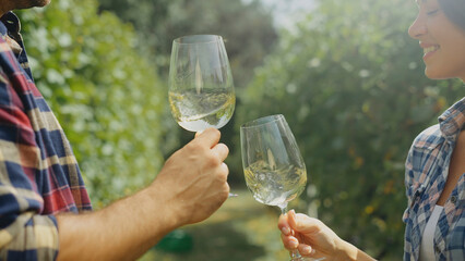 Winegrowers toasting with white wine in vineyard