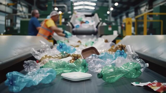 Conveyor Belt Full of Plastic Bottles and Waste Materials Inside Recycling Plant Facility
