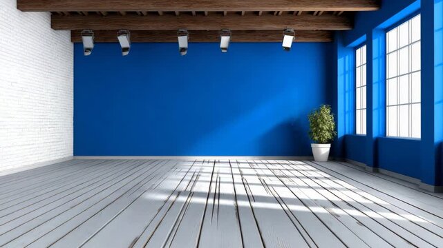 Bright empty room with blue wall, large windows, and wooden ceiling beams