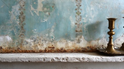 Vintage Texture and Candleholder: An ancient teal wall, revealing a history of time with the eroded, cracked appearance and the detail of an old candlestick placed elegantly on the aged shelf.