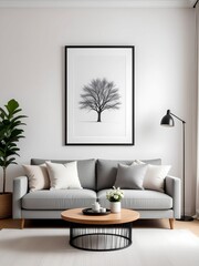 Modern minimalist living room interior with grey sofa tree art and coffee table