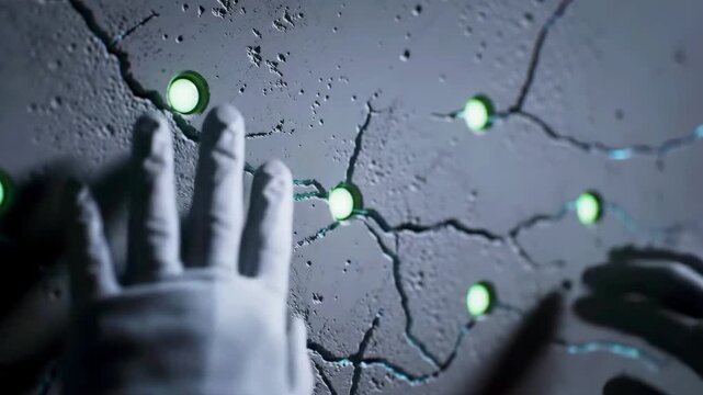 Hands in gloves interacting with a cracked wall featuring glowing green elements in a modern setting