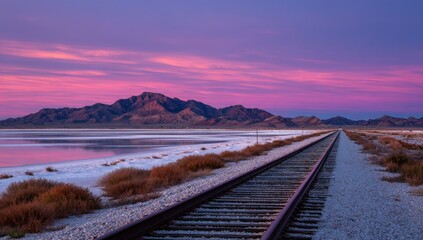 Obraz premium Sunset over a salt flat with railroad tracks