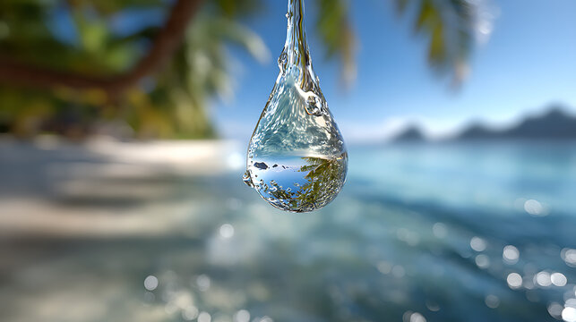 Crystal clear water droplet magnifies a serene tropical beach scene, evoking pure refreshment and vacation dreams.