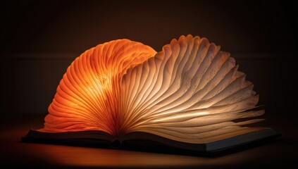 Illuminated book lamp, open pages glowing warmly in the dark