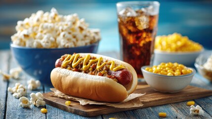 A hot dog topped with mustard sits on a wooden board, accompanied by a bowl of popcorn, a glass of soda, and corn, perfect for a summer gathering outdoors