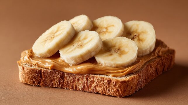 A slice of whole grain toast is generously topped with creamy peanut butter and freshly sliced bananas. The neutral backdrop enhances the appealing presentation of this tasty snack - Powered by Adobe