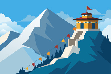 Naklejka premium Buddhist monastery perched on a snowy mountain peak under a blue sky