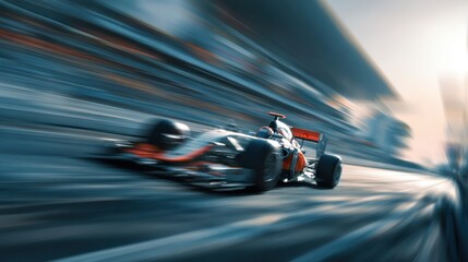 A racing car speeds down the track, showcasing dynamic motion and powerful presence during a competitive event at sunset. Vivid colors highlight the excitement of motorsport