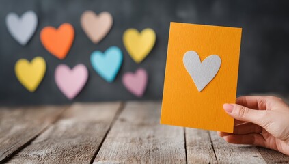 Hand holding an orange card with a white heart, colorful hearts in the background