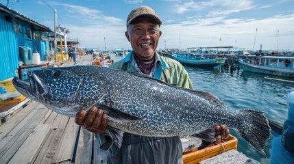 A skilled fisherman smiles while holding a sizable speckled fish at a bustling harbor. Bright blue boats and clear skies enhance the vibrant atmosphere of the coastal community
