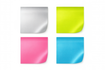 Four colorful sticky notes with curled corners on a transparent background, ready for your message or reminder