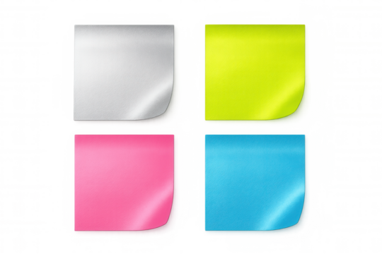 Four colorful sticky notes with curled corners on a transparent background, ready for your message or reminder