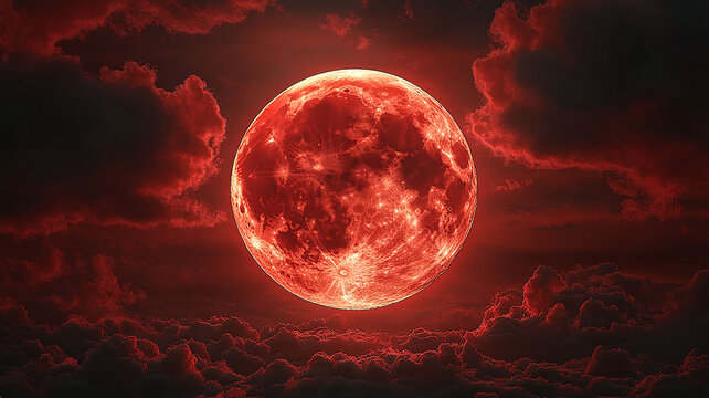 A surreal image of a large red moon. A blood moon surrounded by dark clouds.