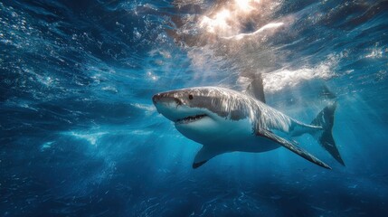 Fototapeta premium A great white shark navigates the vibrant blue ocean waters, illuminated by sunlight filtering through the surface. This majestic creature glides effortlessly, showcasing its powerful physique