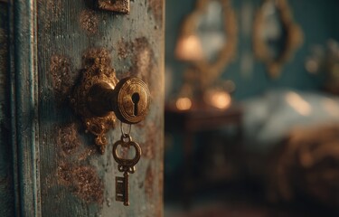 Antique safe door with keyhole and key