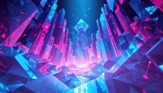 Dimensional Abstract Landscape With Luminous Rectangles and Triangular Formations Against a Deep Space Sky