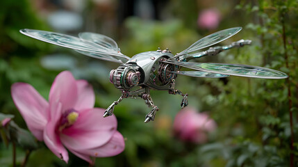 Intricate steampunk dragonfly drone with transparent wings hovers near a delicate pink magnolia flower, showcasing advanced robotics and natural beauty.