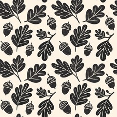 Textured pattern with oak leaves and acorns in blockprint style. Hand drawn autumn pattern. Design for textile, wallpaper