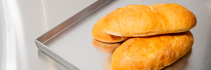 Golden-brown crusty ciabatta loaves, gleaming on steel tray, evoke Harvest Festival abundance and Artisan Bread Day charm