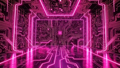Illuminated motherboard patterns form an abstract tunnel or room, with vibrant magenta neon lines creating a futuristic digital space