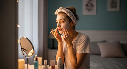 Woman Applying Facial Mask at Home Skincare Routine and Self-Care