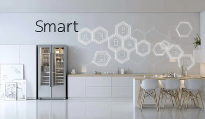 Modern kitchen with smart appliances and digital overlay