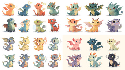 Fototapeta premium Cute baby dragon cartoon characters in various colors and poses, adorable mythical creature illustrations perfect for fantasy, games, and kids’ designs.