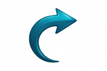 Curved glossy blue arrow directing rightward on transparent surface, symbolizing dynamic movement and forward progression