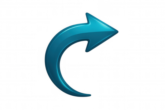 Curved glossy blue arrow directing rightward on transparent surface, symbolizing dynamic movement and forward progression