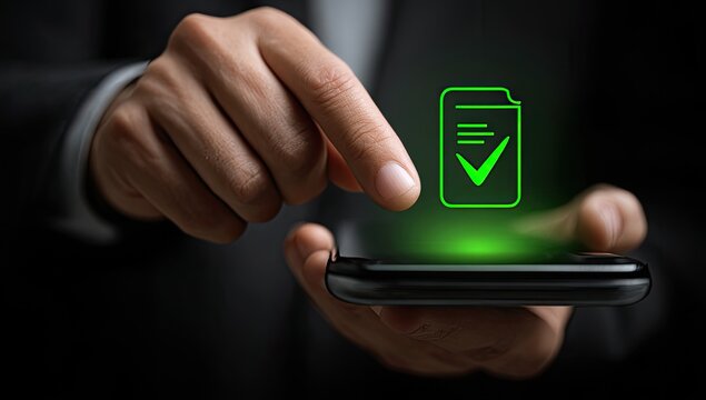 Businessman verifies document on phone