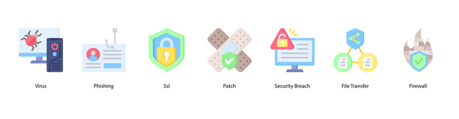 Malware and Intrusion Alert web banner icon vector illustration featuring Virus, Phishing, SSL, Patch, Security Breach, File Transfer, and Firewall.