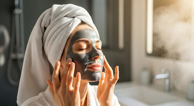 Relaxed woman with closed eyes applying a charcoal detox face mask in the bathroom. Home spa day concept for skincare and self-care.