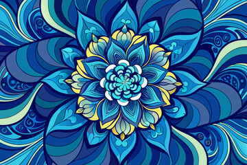Vibrant blue floral mandala pattern with flowing organic shapes and a serene, natural feel