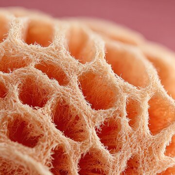 Close-up of intricate orange sponge-like texture. Cells, holes, and organic patterns