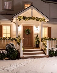 Festive house at night with snow