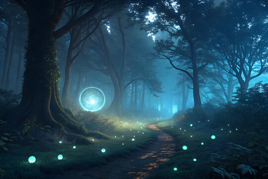 Enchanted forest path with glowing orbs and luminous portal light