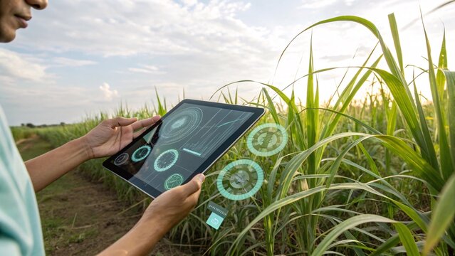 Precision Agriculture Farmer Using Tablet in Sugarcane Field with data visualization - Powered by Adobe