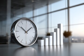 Modern clock and rising bar graph on a desk, overlooking cityscape