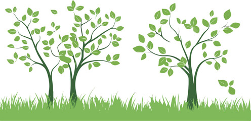 Green Trees and Grass Illustration on White Background for Design