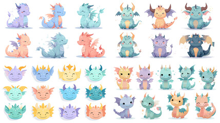 Adorable cartoon baby dragons in multiple colors and poses, isolated on white background for fantasy, kids, and character design themes.
