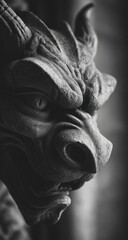 Close-up of a stone dragon's head.  Intricate carving,  fierce expression.  Gray tones,  sharp details.  Ancient,  mythical creature