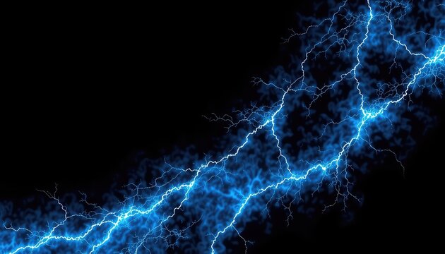 Electric energy discharge A bright blue lightning storm streaks across a dark backdrop, symbolizing power, electricity, and intense atmospheric conditions
