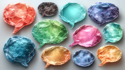 Set of multicolored speech and thought bubbles in modern sticker style. Realistic wrinkled texture with copy space. Isolated dialogue balloons for notes, collages, or school design. Vector illustratio