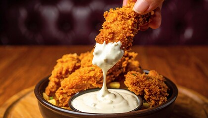 Crispy golden fried chicken tenders being dipped into a creamy dipping sauce