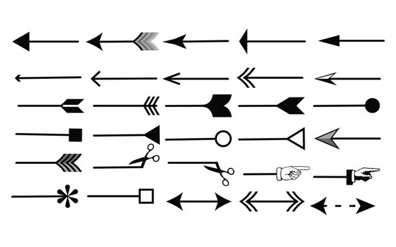 Collection of Black Arrow Icons in Multiple Styles and Directions for Navigation, Pointer, and Design Vector Elements