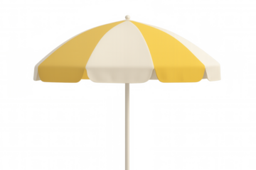 Yellow-white striped beach umbrella providing shade, standing on transparent background, ideal for summer imagery and travel-related design concepts