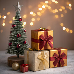 Elegant Christmas Gift Display with Sparkling Bokeh Lights

Festive Holiday Presents Beside Decorated Mini Christmas Tree

Luxurious Golden and Red Christmas Gift Arrangement

Cozy Christmas Scene wit